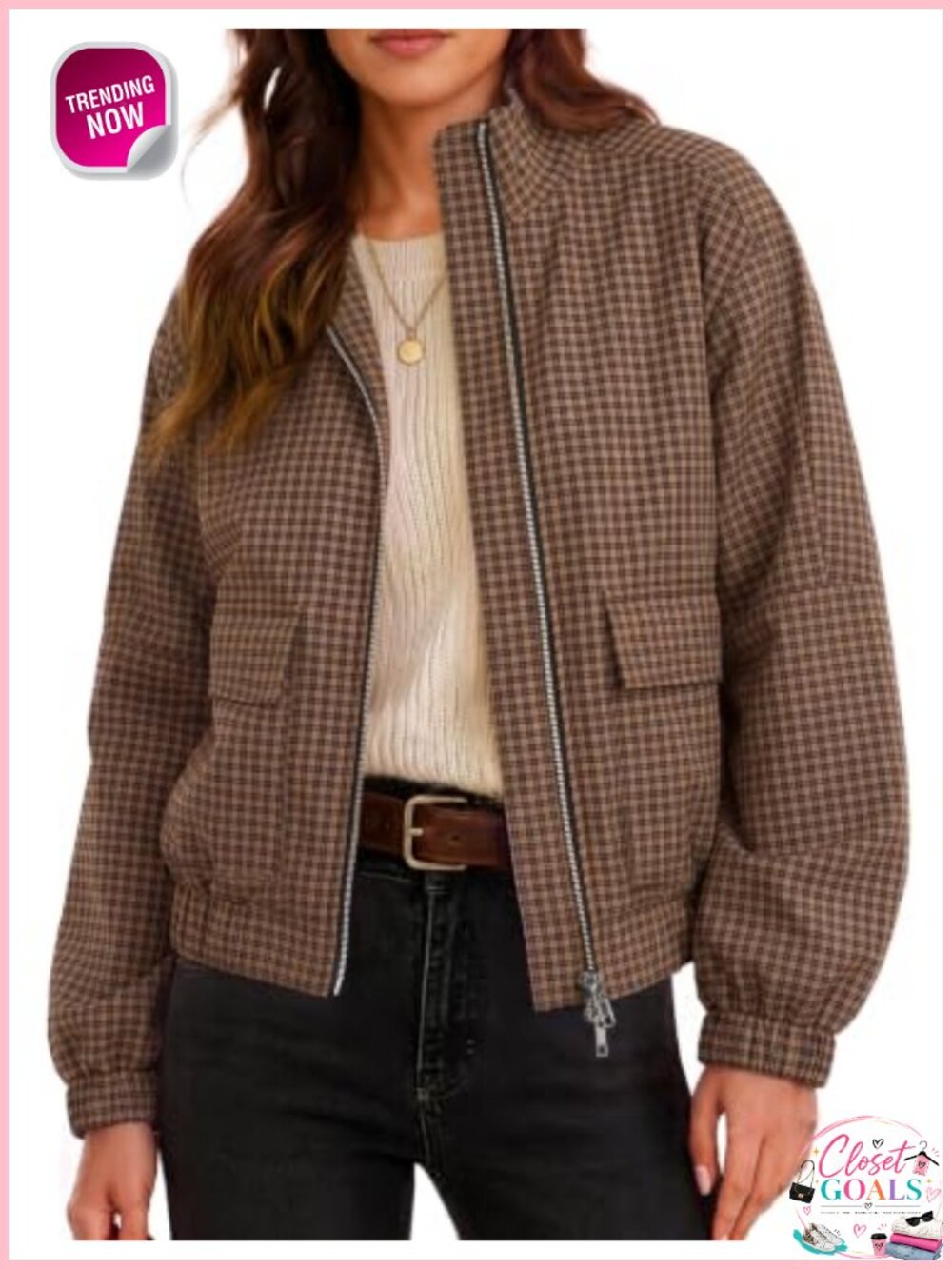Womens Cropped Plaid Jacket Zip Up Lightweight Casual Coat with Pockets